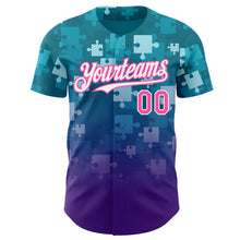 Load image into Gallery viewer, Custom Teal Pink Purple-White Gradient Puzzle 3D Pattern Design Authentic Baseball Jersey