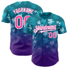 Load image into Gallery viewer, Custom Teal Pink Purple-White Gradient Puzzle 3D Pattern Design Authentic Baseball Jersey