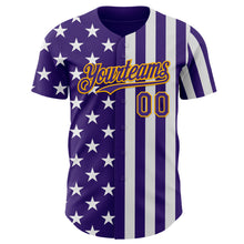 Laden Sie das Bild in den Galerie-Viewer, Custom Purple White-Gold USA Flag Patriotic Split Stars and Stripes Authentic Baseball Jersey