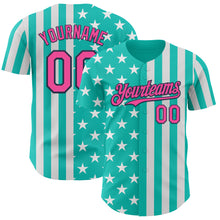 Laden Sie das Bild in den Galerie-Viewer, Custom Aqua Pink White-Navy USA Flag Patriotic Split Stars and Stripes Authentic Baseball Jersey
