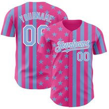 Laden Sie das Bild in den Galerie-Viewer, Custom Pink Light Blue-White USA Flag Patriotic Split Stars and Stripes Authentic Baseball Jersey