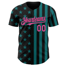 Laden Sie das Bild in den Galerie-Viewer, Custom Black Pink-Teal USA Flag Patriotic Split Stars and Stripes Authentic Baseball Jersey