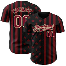 Laden Sie das Bild in den Galerie-Viewer, Custom Black Crimson-City Cream USA Flag Patriotic Split Stars and Stripes Authentic Baseball Jersey