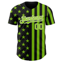 Laden Sie das Bild in den Galerie-Viewer, Custom Black Neon Green-White USA Flag Patriotic Split Stars and Stripes Authentic Baseball Jersey