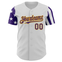 Laden Sie das Bild in den Galerie-Viewer, Custom White Purple-Gold Two Tone USA Flag Sleeves Stars and Stripes Authentic Baseball Jersey