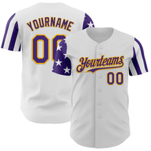 Laden Sie das Bild in den Galerie-Viewer, Custom White Purple-Gold Two Tone USA Flag Sleeves Stars and Stripes Authentic Baseball Jersey