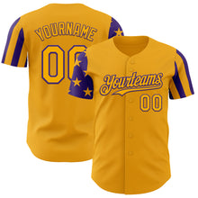 Laden Sie das Bild in den Galerie-Viewer, Custom Gold-Purple Two Tone USA Flag Sleeves Stars and Stripes Authentic Baseball Jersey