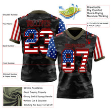 Laden Sie das Bild in den Galerie-Viewer, Custom Camo USA Flag Black Red-Olive Authentic Stars And Stripes Two Tone Salute To Service 7V7 Flag Football Jersey