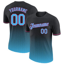 Laden Sie das Bild in den Galerie-Viewer, Custom Black Sky Blue-Pink Geometric Hexagonal Dot Gradient Performance T-Shirt