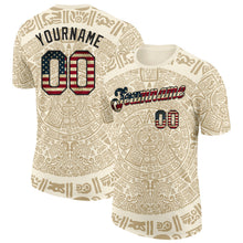 Загрузить изображение в средство просмотра галереи, Custom Cream Vintage USA Flag-Black Tribal Ethnic Aztec Sun Stone 3D Pattern Performance T-Shirt