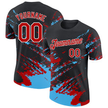 Load image into Gallery viewer, Custom Black Red Sky Blue-White Brush Stroke Shatter Splatter Performance T-Shirt