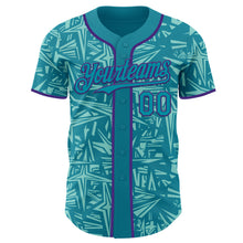Load image into Gallery viewer, Custom Teal Ice Blue-Purple Geometric Cyber Starburst Authentic Baseball Jersey
