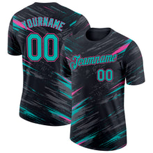 Laden Sie das Bild in den Galerie-Viewer, Custom Black Aqua-Pink Abstract Brush Stroke Splatter Performance T-Shirt