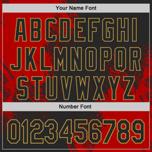 Load image into Gallery viewer, Custom Black Red-Old Gold Abstract Brush Stroke Authentic Baseball Jersey