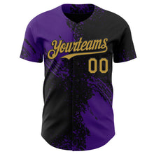 Load image into Gallery viewer, Custom Black Old Gold-Purple Abstract Brush Stroke Authentic Baseball Jersey