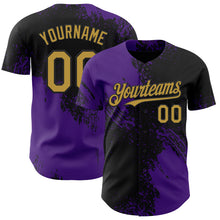Load image into Gallery viewer, Custom Black Old Gold-Purple Abstract Brush Stroke Authentic Baseball Jersey