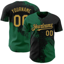 Load image into Gallery viewer, Custom Black Old Gold-Kelly Green Abstract Brush Stroke Authentic Baseball Jersey
