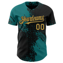 Load image into Gallery viewer, Custom Black Old Gold-Teal Abstract Brush Stroke Authentic Baseball Jersey