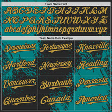 Load image into Gallery viewer, Custom Black Old Gold-Teal Abstract Brush Stroke Authentic Baseball Jersey