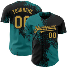 Load image into Gallery viewer, Custom Black Old Gold-Teal Abstract Brush Stroke Authentic Baseball Jersey