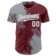 Laden Sie das Bild in den Galerie-Viewer, Custom Burgundy White-Gray Abstract Brush Stroke Authentic Baseball Jersey