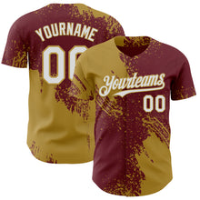 Load image into Gallery viewer, Custom Burgundy White-Old Gold Abstract Brush Stroke Authentic Baseball Jersey