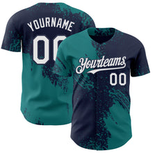 Laden Sie das Bild in den Galerie-Viewer, Custom Navy White-Teal Abstract Brush Stroke Authentic Baseball Jersey