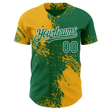 Load image into Gallery viewer, Custom Kelly Green Gold-White Abstract Brush Stroke Authentic Baseball Jersey