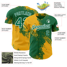 Load image into Gallery viewer, Custom Kelly Green Gold-White Abstract Brush Stroke Authentic Baseball Jersey