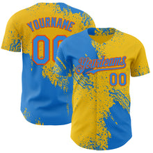 Load image into Gallery viewer, Custom Yellow Electric Blue-Orange Abstract Brush Stroke Authentic Baseball Jersey