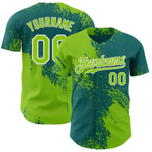 Load image into Gallery viewer, Custom Teal Neon Green-White Abstract Brush Stroke Authentic Baseball Jersey