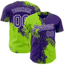 Load image into Gallery viewer, Custom Purple Neon Green-White Abstract Brush Stroke Authentic Baseball Jersey