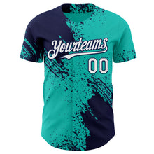 Load image into Gallery viewer, Custom Aqua White-Navy Abstract Brush Stroke Authentic Baseball Jersey