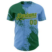 Load image into Gallery viewer, Custom Light Blue Kelly Green-Gold Abstract Brush Stroke Authentic Baseball Jersey