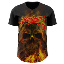 Laden Sie das Bild in den Galerie-Viewer, Custom Black Red-Old Gold Flames Skull Authentic Baseball Jersey