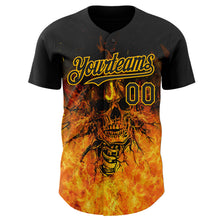 Charger l'image dans la galerie, Custom Black-Gold Flames Skull Authentic Baseball Jersey