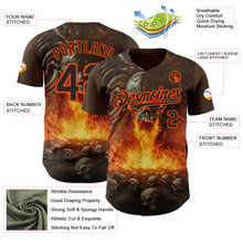 Load image into Gallery viewer, Custom Brown Black-Orange Flames Skull Authentic Baseball Jersey