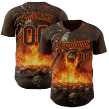 Load image into Gallery viewer, Custom Brown Black-Orange Flames Skull Authentic Baseball Jersey