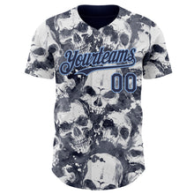 Laden Sie das Bild in den Galerie-Viewer, Custom Gray Navy-Light Blue Flames Skull Smoke Authentic Baseball Jersey