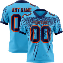 Laden Sie das Bild in den Galerie-Viewer, Custom Sky Blue Navy-Orange Authentic Distressed Scratch Brush Stroke Football Jersey