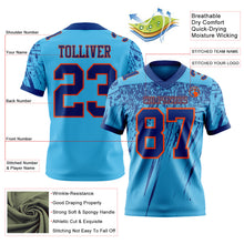 Laden Sie das Bild in den Galerie-Viewer, Custom Sky Blue Royal-Orange Authentic Distressed Scratch Brush Stroke Football Jersey