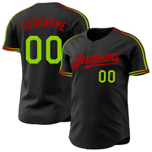 Laden Sie das Bild in den Galerie-Viewer, Custom Black Neon Green-Red Raglan Line Gradient Stripe Authentic Baseball Jersey
