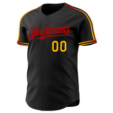 Laden Sie das Bild in den Galerie-Viewer, Custom Black Gold-Red Raglan Line Gradient Stripe Authentic Baseball Jersey