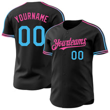 Laden Sie das Bild in den Galerie-Viewer, Custom Black Sky Blue-Pink Raglan Line Gradient Stripe Authentic Baseball Jersey
