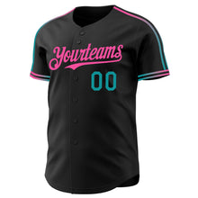 Laden Sie das Bild in den Galerie-Viewer, Custom Black Teal-Pink Raglan Line Gradient Stripe Authentic Baseball Jersey