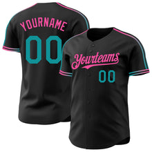 Laden Sie das Bild in den Galerie-Viewer, Custom Black Teal-Pink Raglan Line Gradient Stripe Authentic Baseball Jersey