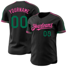 Charger l'image dans la galerie, Custom Black Kelly Green-Pink Raglan Line Gradient Stripe Authentic Baseball Jersey