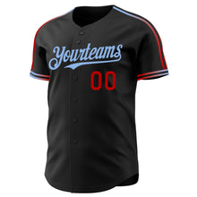 Laden Sie das Bild in den Galerie-Viewer, Custom Black Red-Light Blue Raglan Line Gradient Stripe Authentic Baseball Jersey