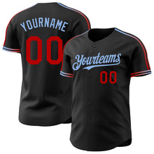 Laden Sie das Bild in den Galerie-Viewer, Custom Black Red-Light Blue Raglan Line Gradient Stripe Authentic Baseball Jersey
