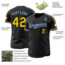 Laden Sie das Bild in den Galerie-Viewer, Custom Black Yellow-Light Blue Raglan Line Gradient Stripe Authentic Baseball Jersey